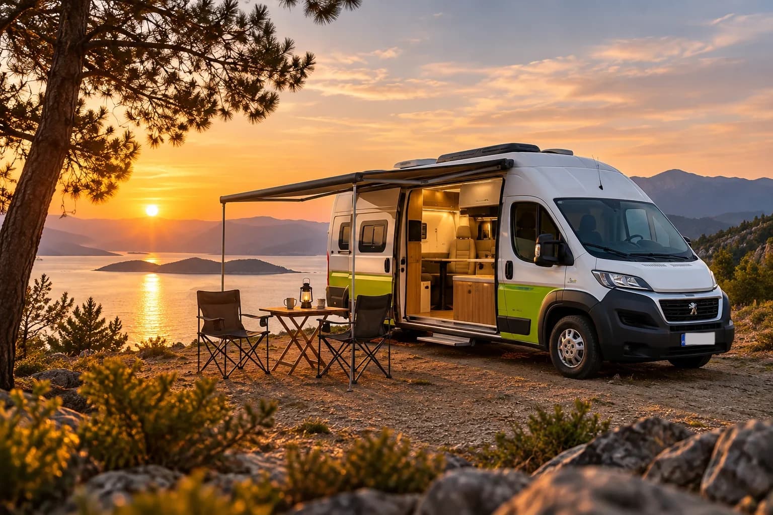 Gün batımında deniz manzaralı, kişiye özel Antora motokaravan